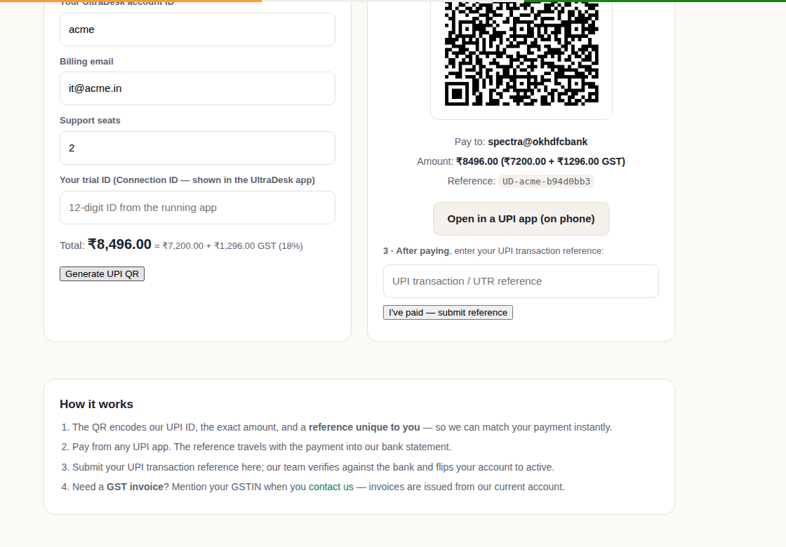 UltraDesk UPI payment showing the GST-exclusive split and a dynamic QR