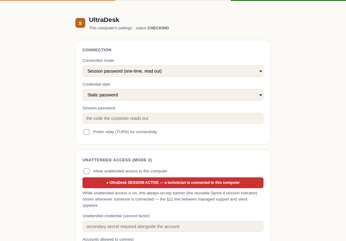 UltraDesk agent settings — the customer's local control panel